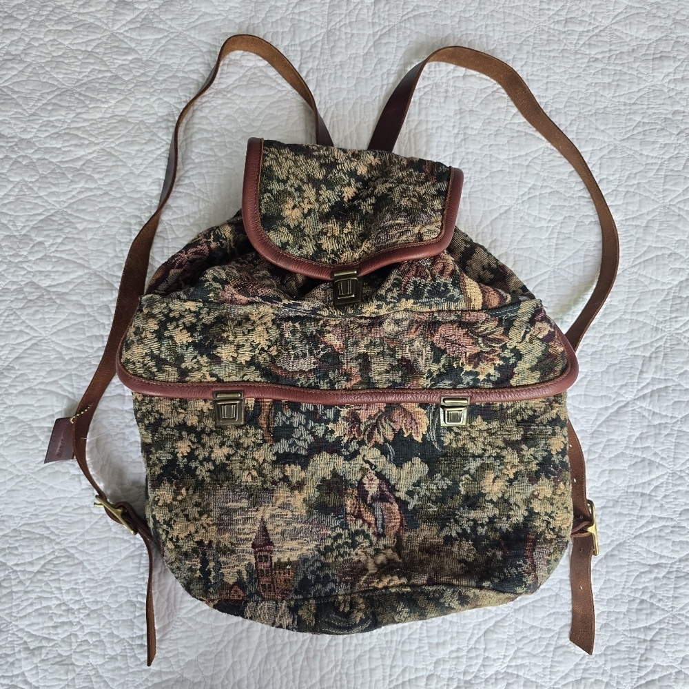 Vintage 80s Corinne Farber Equestrian Horse Tapestry Leather Boho Bag Backpack
